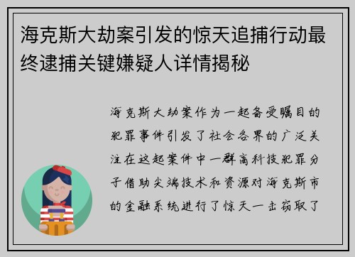 海克斯大劫案引发的惊天追捕行动最终逮捕关键嫌疑人详情揭秘